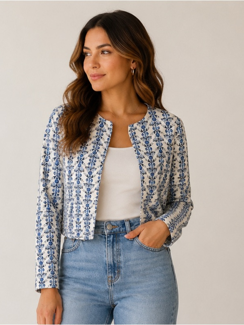 Caroline Constas Blue Floral Quilted Tie Front Jacket Size Small